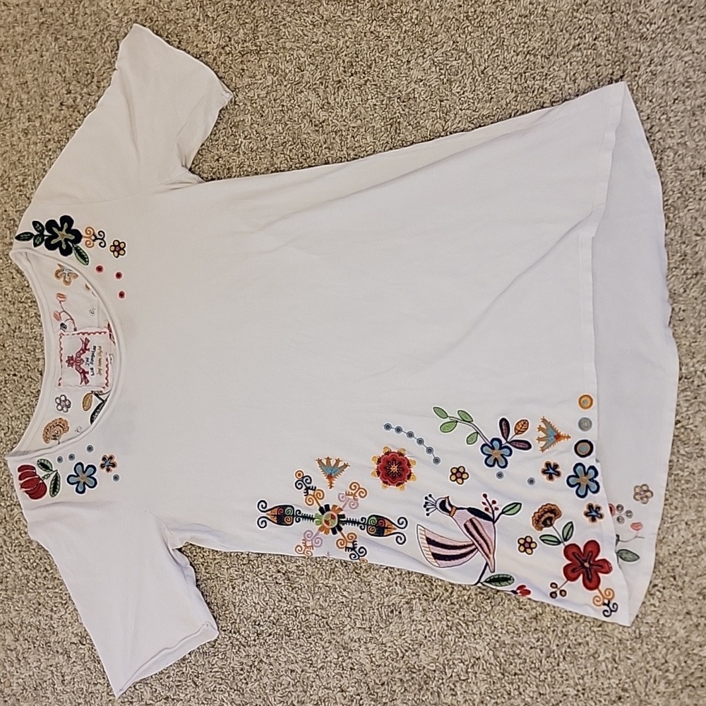 Johnny Was bird and floral print High Low‎ tunic Top Size Large